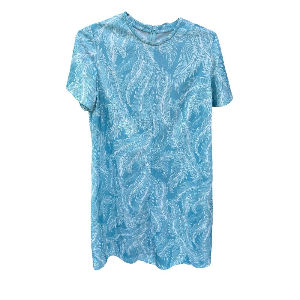 Vintage 60s Polyester Light Blue Feather Allover Print Shift Mini Dress L/XL
